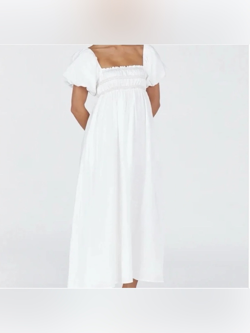 Dissh Bianca Smocked Square-Neck white linen Maxi Dress in White